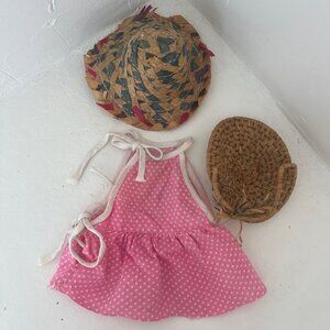 Vintage Doll Outfit Pink White Polka Dot Sundress w/ Farmer Hat & Garden Basket